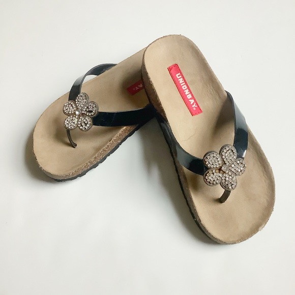 UNIONBAY Shoes Union Bay Black Patent Jeweled Flip Flops Poshmark